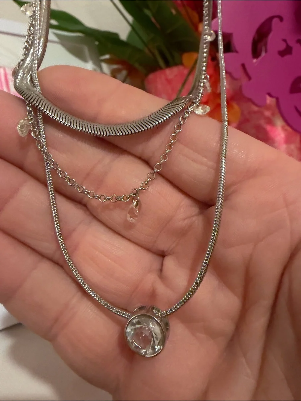 Elegant Silver Tone Layered Crystal Pendant Necklace - Women Jewelry